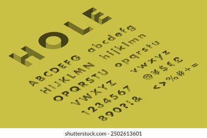 Isometric illustration: hole alphabet font left set (yellow)