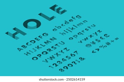 Isometric illustration: hole alphabet font left set (blue)