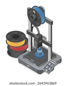  Ilustração isométrica de uma impressora 3D doméstica com rolos de filamento coloridos usados para projetos criativos de bricolage e para a elaboração de hobby pessoal em casa