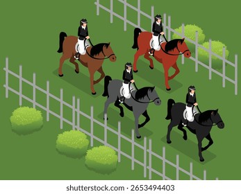 Ilustração Isométrica de Cavaleiros Praticando Treino Equestre em uma ilustração vetorial Paddock 3d