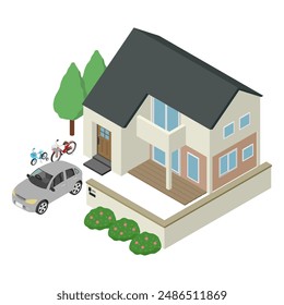 Isometric illustration: house, car and bicycle