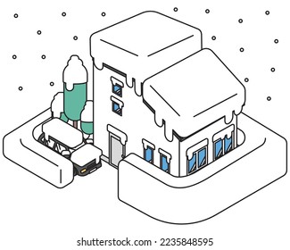 It is an isometric illustration of a house and a car that are damaged by heavy snowfall.