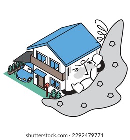 It is an isometric illustration of a house damaged by a landslide.