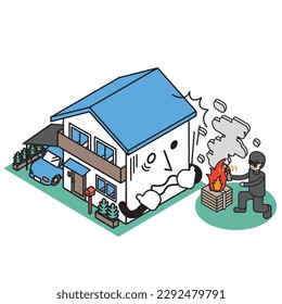 It is an isometric illustration of a house damaged by arson.