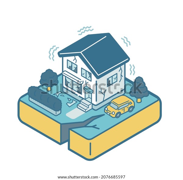 Isometric illustration of a house damaged by
the earthquake