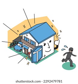 Es una ilustración isométrica de una casa con fuerte seguridad que la protege del robo.
