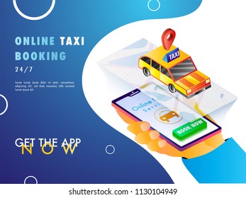 Isometric illustration of a human hand booking a cab using mobile app with map, navigation points, and taxi.