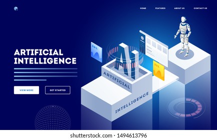 Isometric illustration of humanoid robot working level process check to percentage on workplace background for Artificial Intelligence concept.