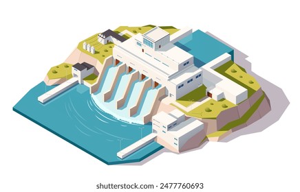 Ilustración isométrica de una central hidroeléctrica sobre fondo blanco. Concepto de energía sostenible. Ilustración vectorial