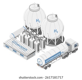 Isometric illustration of a hydrogen production and storage facility with tanker truck representing clean energy infrastructure and sustainable fuel transportation system
