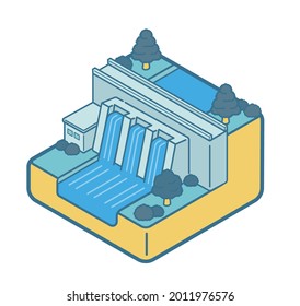 Isometric illustration of a hydropower facility