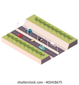 Isometric illustration with the image of the highway with cars and trees. Vector isometric road.Vector Isometric infographic element.