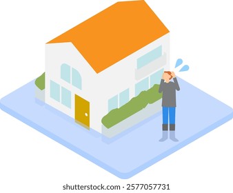 Isometric illustration of image of a person with head in flooded home