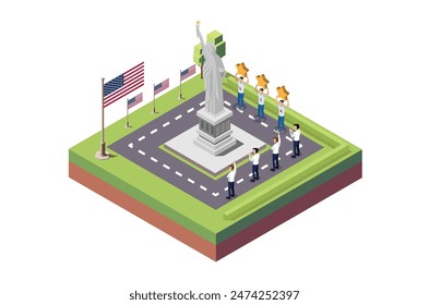 Isometric Illustration of independence day ceremony in front the statue in middle of the field, isolated White background, Suitable for Diagrams, Infographics and Other Graphic asset
