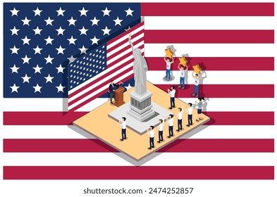 Isometric Illustration of independence day ceremony in front statue in middle of the field, isolated American flag