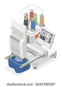 Isometric illustration of an industrial embroidery machine creating custom service designs on a blue fabric hat with colorful thread spools in a modern workspace