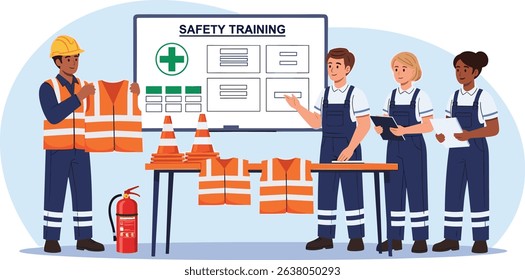 Isometric Illustration of an Industrial Engineer Conducting a Safety Training Session for Workers on Protective Equipment and Workplace Safety
