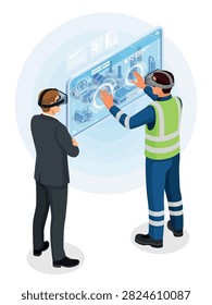 Isometric illustration of industrial engineers using virtual reality headsets to manage a smart factory via immersive digital control interface.