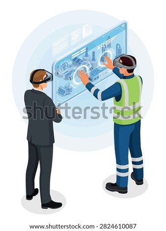 Isometric illustration of industrial engineers using virtual reality headsets to manage a smart factory via immersive digital control interface.