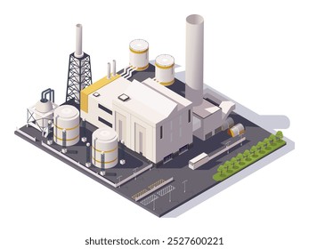 Isometrische Darstellung eines industriellen Fabrikkomplexes. Vektorgrafik