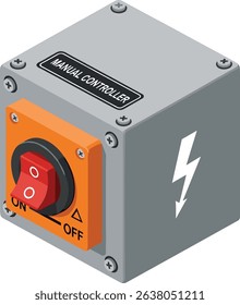 Isometric illustration of industrial manual power controller switch for electrical safety and equipment operation in factory and engineering environments