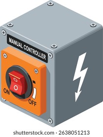 Isometric illustration of industrial manual power controller switch for electrical safety and equipment operation in factory and engineering environments