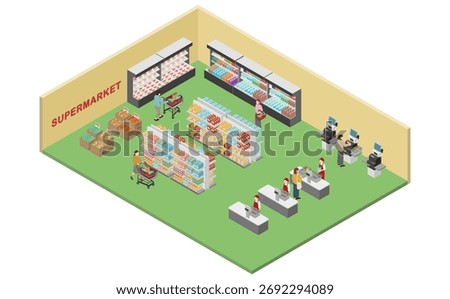 Isometric illustration: inside a supermarket