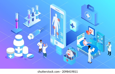 Isometric illustration, isometry vector illustration of medical service,  care, medical system, hospital. 2.5D and 3D style.