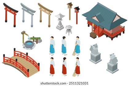 Isometric illustration: Japanese shinto shrine set