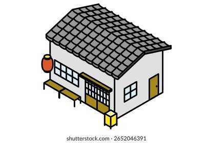 Ilustração isométrica de um izakaya estilo japonês com lanterna vermelha e telhado ladrilhado, vetor de arte de linha simples, Ilustração de vetor
