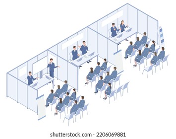 It is an isometric illustration of a joint company information session where new graduates gather to get a job.