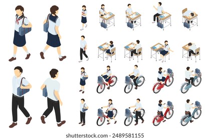 Isometric illustration: junior high school student set (summer)