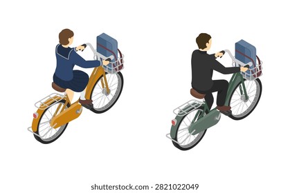 Isometric illustration: Junior high school boy and girl riding bicycles (back, winter uniform)