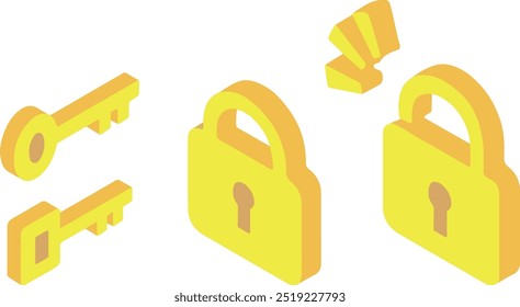 Isometric illustration of key, lock and unlock