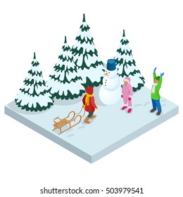 Isometric Illustration Of Kids Playing Outdoors In Winter. Siblings Playing Snow Sledge In The Snow Concept