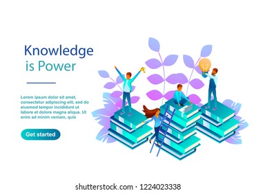 Isometric illustration of a Knowledge Education. Made with gradients of red orange and blue shades. Background for sites, banners, posters. People holding light bulbs standing on stacks of coins