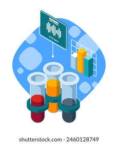 Isometric illustration of a laboratory setup with test tubes and data charts, blue background, concept of research. Vector illustration isolated on white background