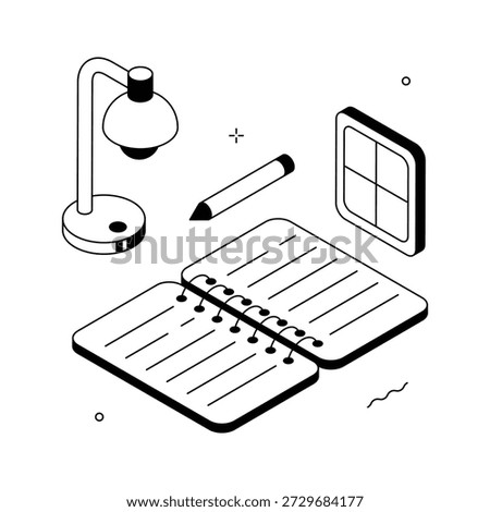 Isometric illustration of a lamp, notebook, and pencil for homework time