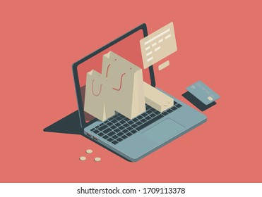 Isometric illustration with laptop, bags and card. Online shopping concept.
