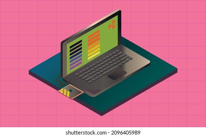 ilustración vectorial isométrica del portátil de un hacker cibernético contra la cuadrícula morada de 1980