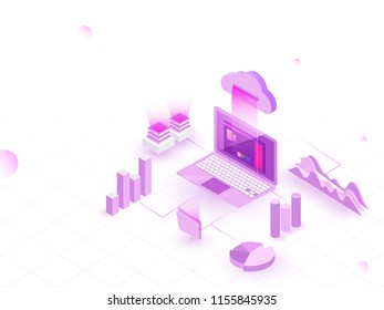 Isometric illustration of laptop connected to cloud with 3D bar graph and infographic elements, web template design for Data Analysis concept.