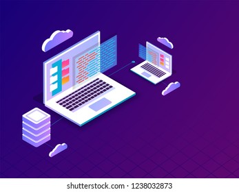 Isometrische Illustration von Laptop verbunden mit Server auf violettem Hintergrund für Data Management Konzept isometrische Design.