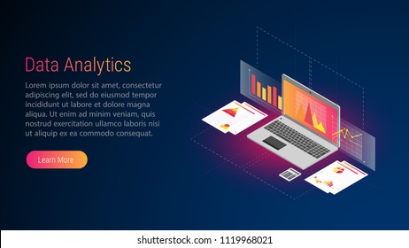 Isometric illustration with Laptop. Economic. Vector at darck blue background