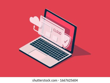 Isometric illustration with laptop on the theme of cloud technology.