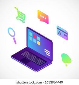 Isometric illustration, laptop, online shopping, business icons, internet icons