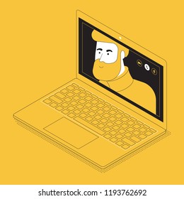 Isometric Illustration. Laptop with Person in Calling Application on Yellow Background. Hipster Call