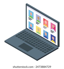 Isometric illustration of a laptop showing colorful user profile icons on its screen