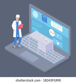 Isometric Illustration Of Laptop With Symptoms Of Patient. Physician Holding Clipboard With Results Of Test. Table With Medical Flasks. Medical Website, Virtual Help At Distance. Online Medicine