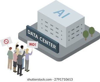 Isometric illustration of a large AI data center facing community protest and public opposition. Concept of local residents resisting technology infrastructure development, NIMBY issues, environmental concerns, urban development conflicts, and data center construction projects.