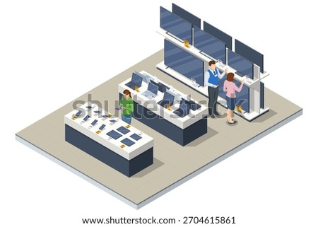 Isometric illustration of a large electronics store with TV shelves, laptop stands and smartphone tables, where customers explore different tech products.